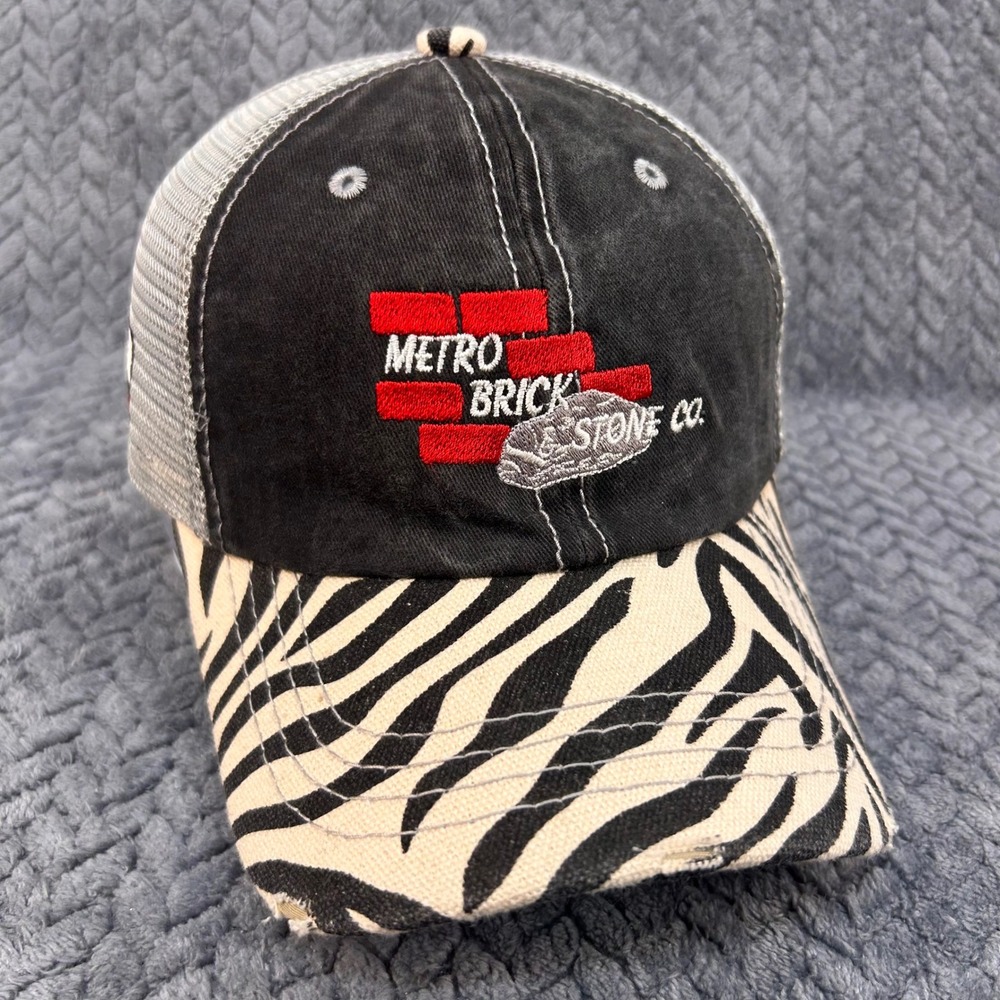 Metro Brick & Stone Co Mens Black Zebra Print Mesh Trucker Hat Distressed OSFM